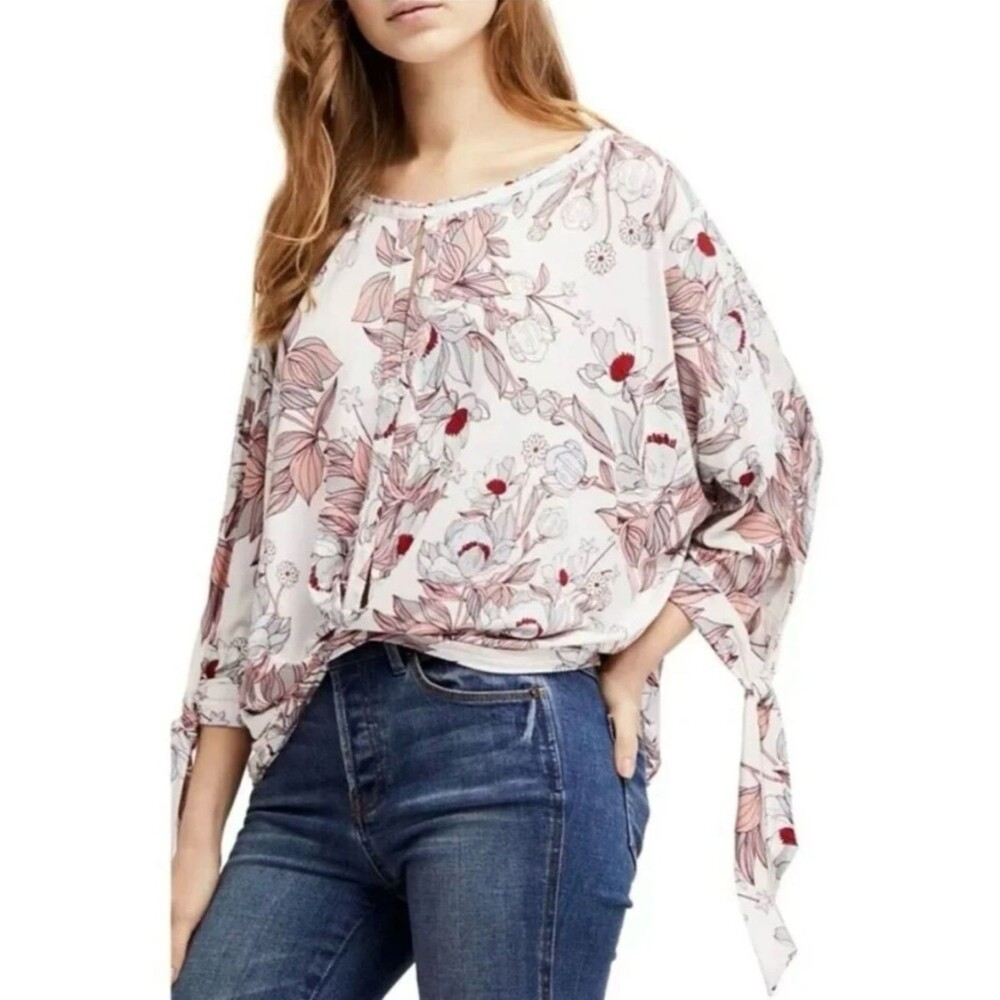 Free People Keepin On Top White Pink Floral Tie Sleeve Knit Blouse Boho Medium